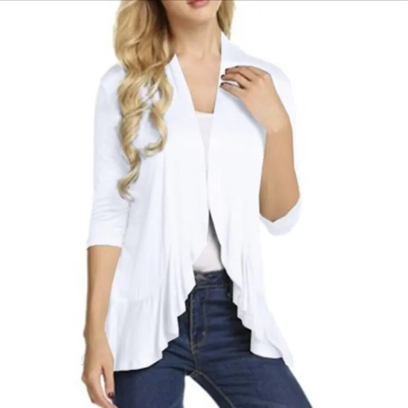 Women Fashion Cardigan Spring Solid Color Cardigan Top Open Stitch Solid Ruffles Female Autumn