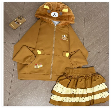 和風可愛いソフトでキュートな刺繍入り水玉レースフード付きサマーバブル半袖スリムブラウンコートケーキミニスカートセット