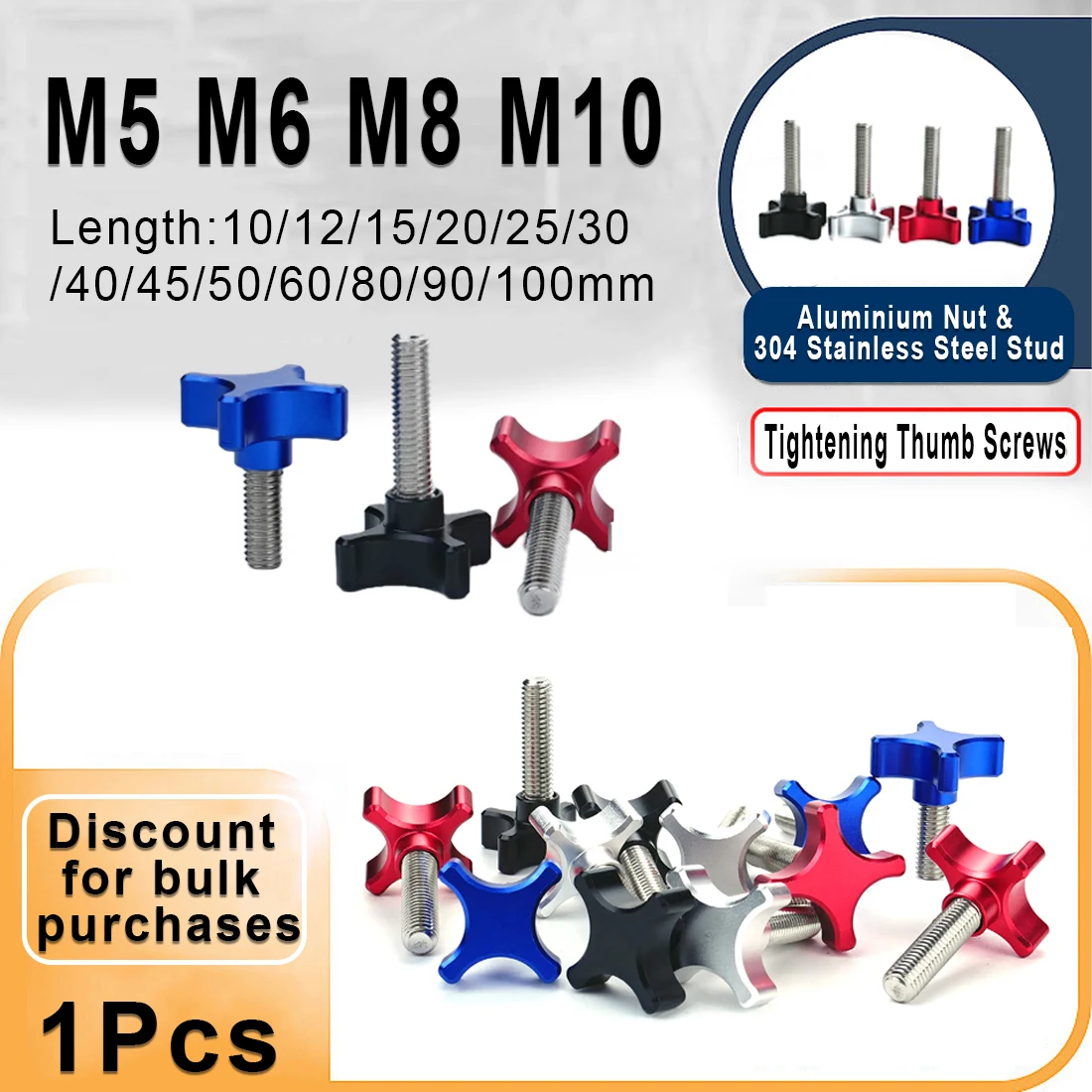 

M5 M6 M8 M10*10mmto100mm Stainless steel Thread Aluminum Star Plum Bakelite Hand Tighten Thumb Screw Knob Tightening Screw bolt