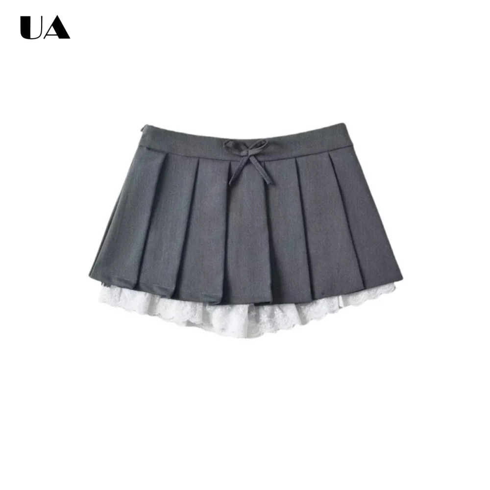 

Baddie Dropped Bow Mini Skirt for Women, Trendy Lace Unique Skirts, Easy Match Ruched Women's Skirts, Safety Zipped Skort