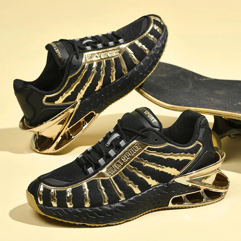 

Men's Fashion Sneakers - Fashionable Rock Style, Striped Pattern Lace Mesh Upper Suitable for Daily Wearing and Running