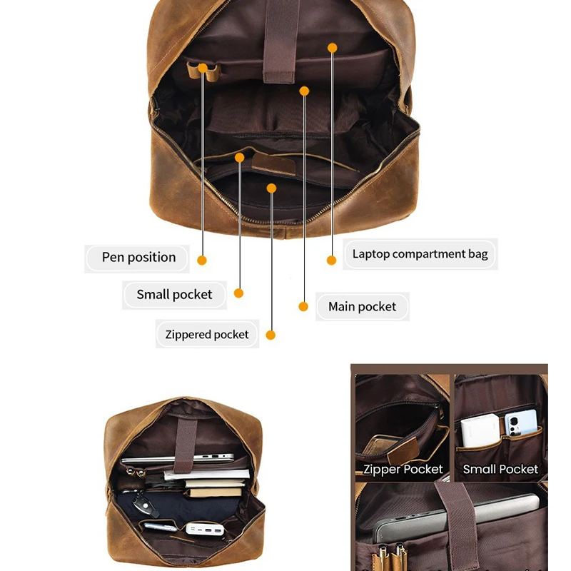 Genuine Leathe Men\'s Backpack Vintege  Hiking Backpack Casual  School Backpack  Coffee Business   For 15.6 In Laptop  Bag