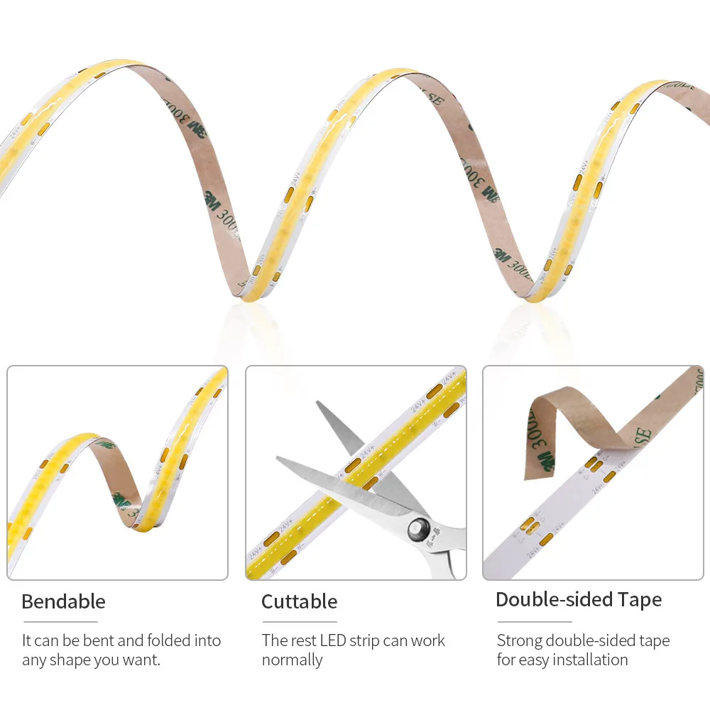 Tira de luces LED COB CCT FOB, 608/624 Led/m, COB Flexible de alta densidad, 8mm, RA90, 2700K a 6500K, lineal, regulable, DC24V