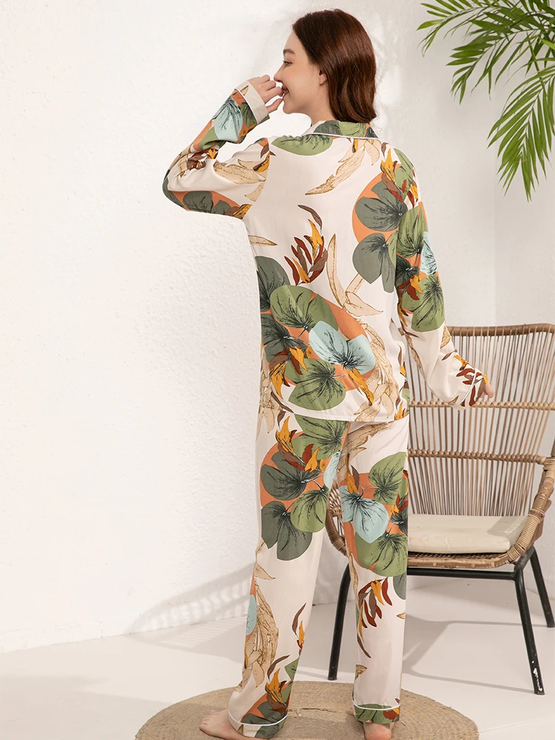 Women Pajamas Set for Spring and Autumn Long -Sleeved Plus Size S-3XL 100% Viscose  Loose Nightwear Suit Pajamas Sleepwear