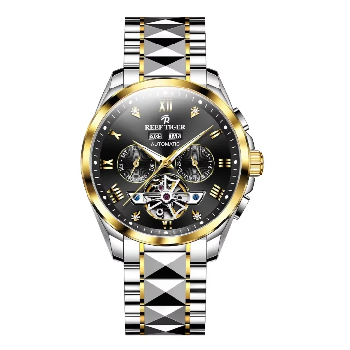 Reef Tiger Men Automatic Watch 41.5mm Mechanical Wristwatch Luminous Sapphire Perpetual Calendar Multi-Dial Year,Month,Week,Date