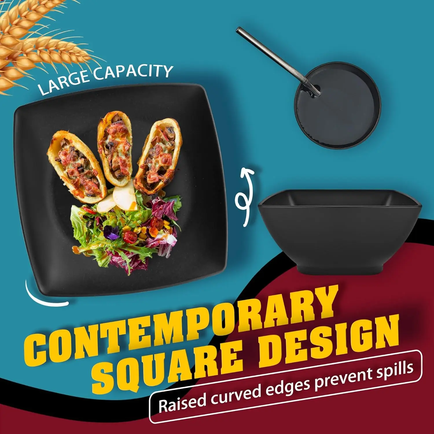 طقم أواني طعام مربعة من قش القمح البلاستيكي للمطبخ مكون من 56 قطعة مكون من 8 قطع، أطباق عشاء غير قابلة للكسر، أوعية للوجبات الخفيفة، أكواب