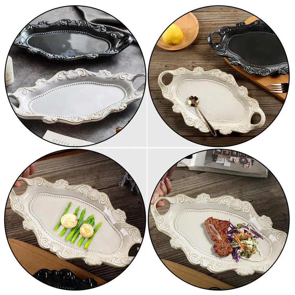 

1Pcs European Relief Plate Ceramic Food Plate Home Supplies Baking Cakes Steaming Noodles Fruit Dish Desktop Decoration