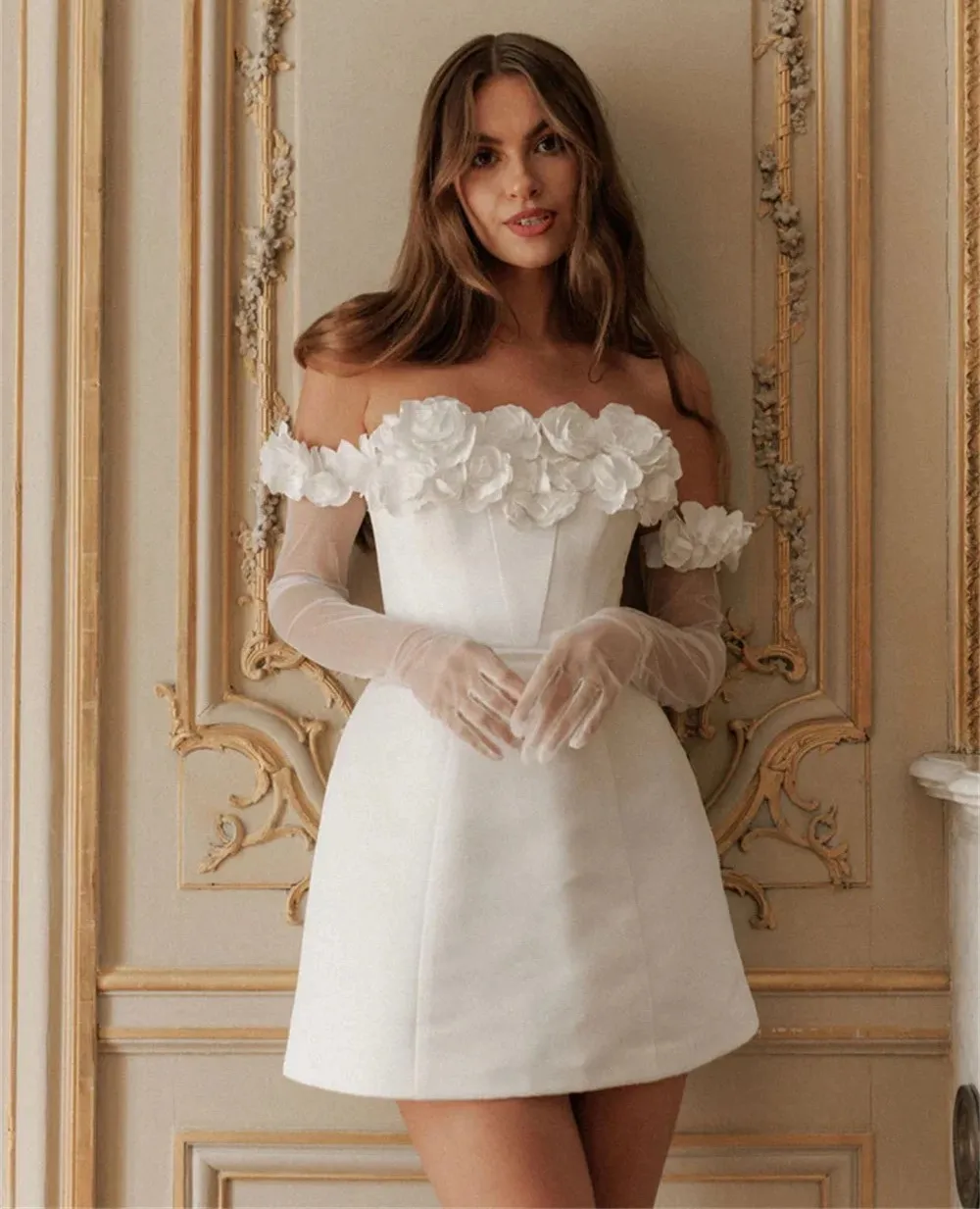 

Elegant White Short Prom Party Dress 2026 Off the Shoulder 3D Flowers Lace-up Satin Prom Birthday Gowns Christmas Robe De Soriee