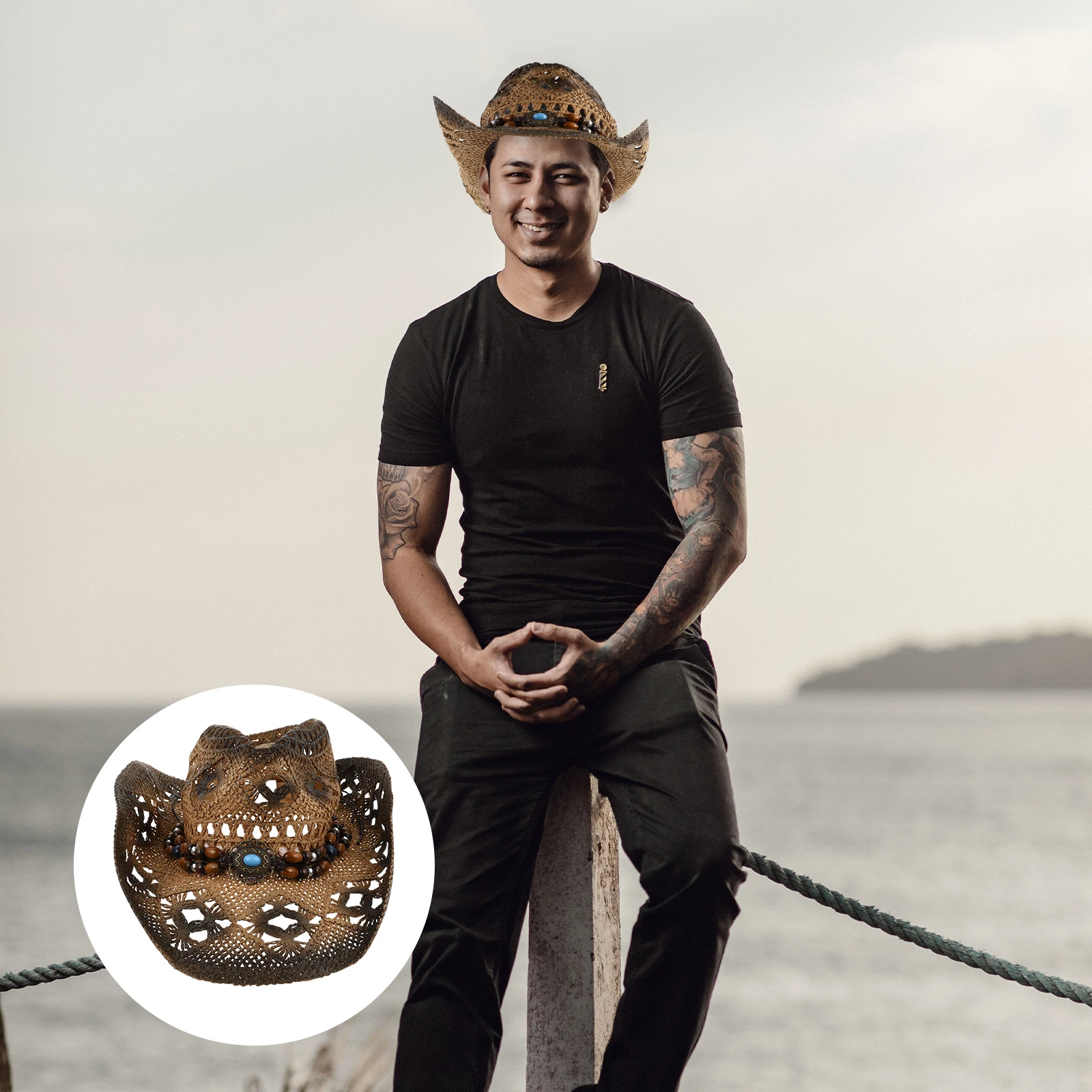 

Old Made Cowboy Hat Women Summer Straw Beachwear Sun Block Hat Lightweight Comfortable Portable Wide Brim Modern Style Youth