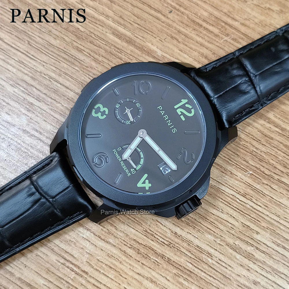 

Parnis 44mm Black Case Green Mark Automatic Mechanical Men Watch Power Reserve Leather Strap Sapphire Crystal Watch for Men