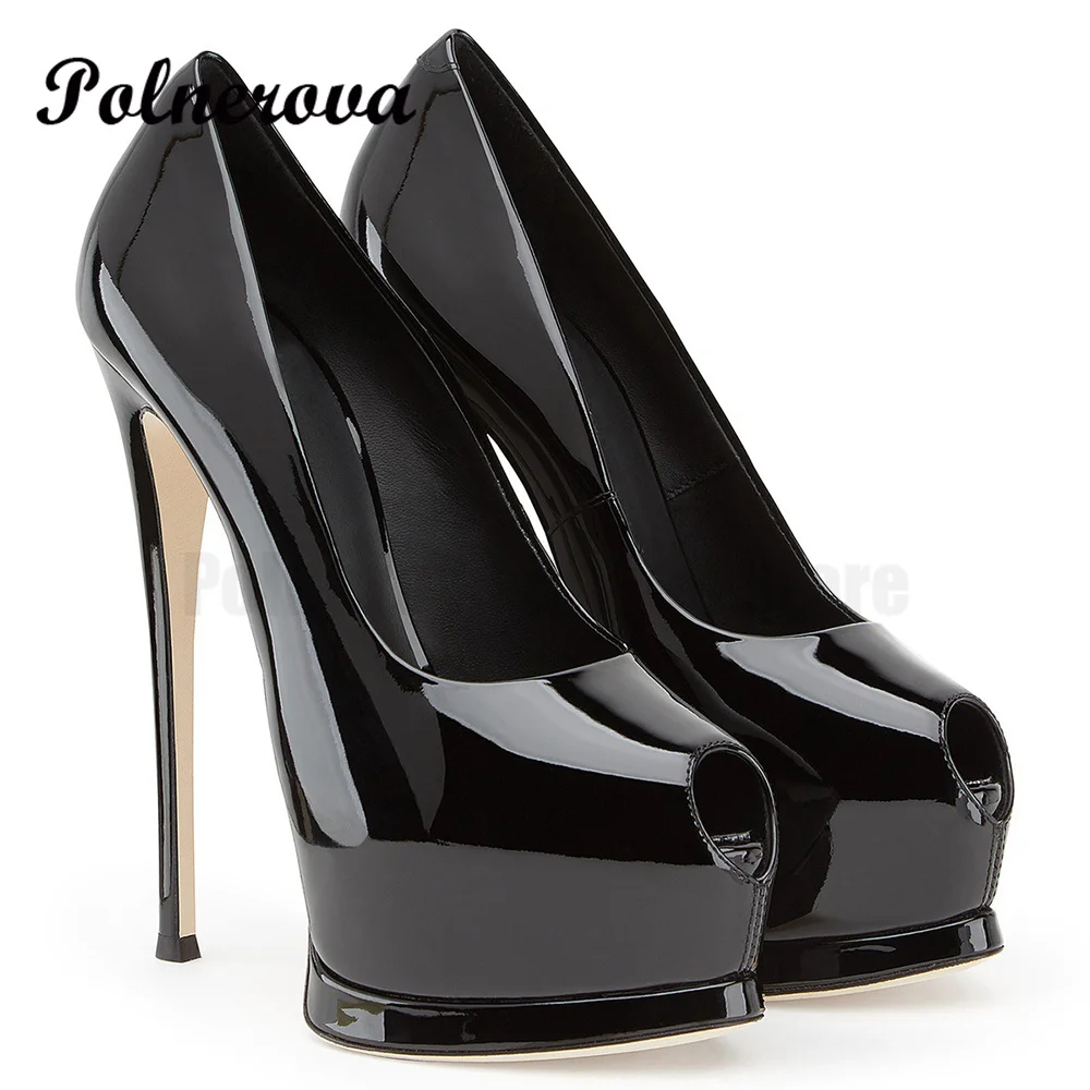 

Black Patent Leather Fish Mouth High Heels Women's Single Shoes Commuter Platform Elegant Stiletto Handmade Shoes High Heel Pump