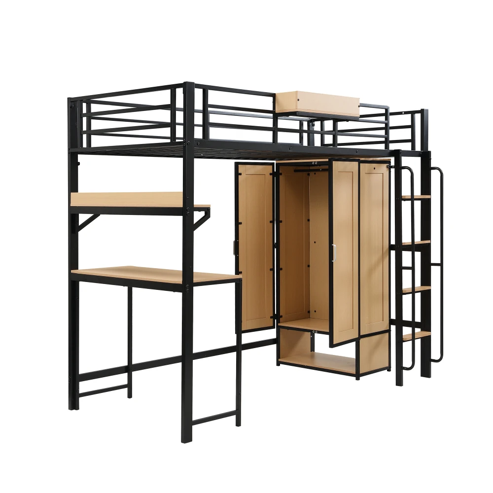 PINGGO Schwarz & Naturfarbenes Eisen-Etagenbett 90x200cm mit Kleiderschrank, Treppe, Schreibtisch, Staufächern, Metall, MDF, ohne Matratze – Detail 12