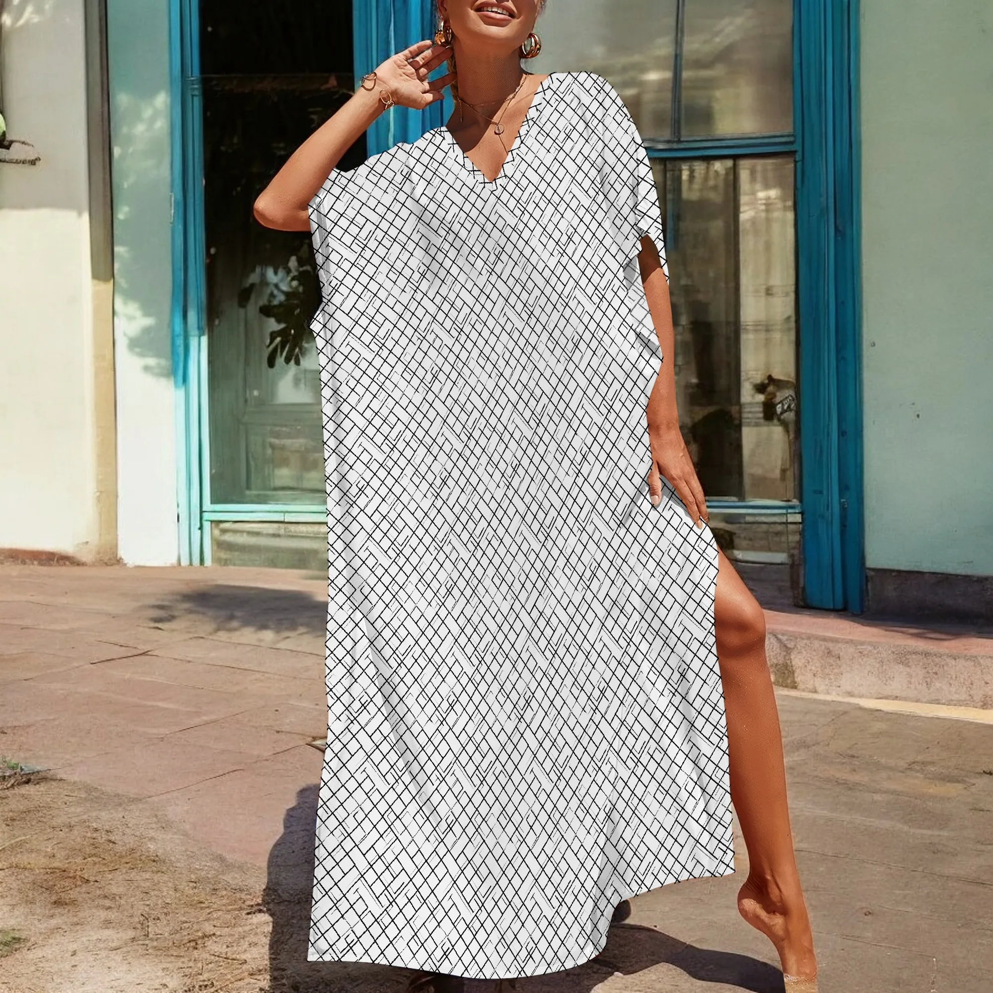 

Minimalist Grid Print Kaftan Dress S-3XL Afro Style V-Neck Oversized Robe for Brunch, Office or Gallery Visit