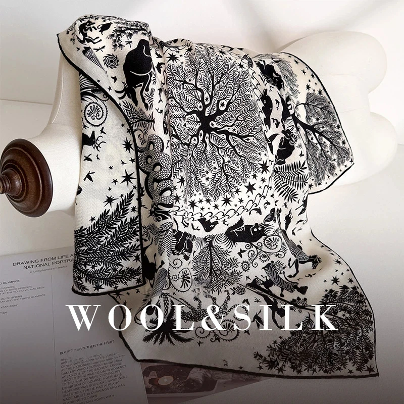 

70% Wool 30% Silk Scarf for Women Luxurious Design Warm Headscarf Double-sided Black White Print Wool Silk Neck Warmer
