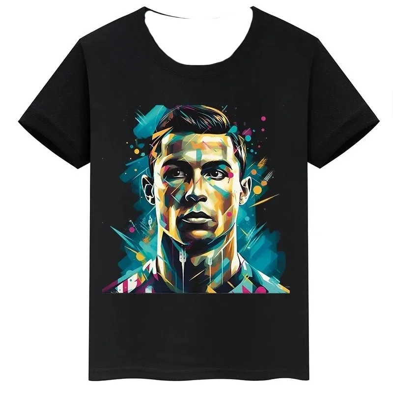 Summer Sport Cotton Boys Girls T-shirt Black Tops Ronaldo Football Star Printed Fashion Children's Clothing Kids Baby Tee Tops