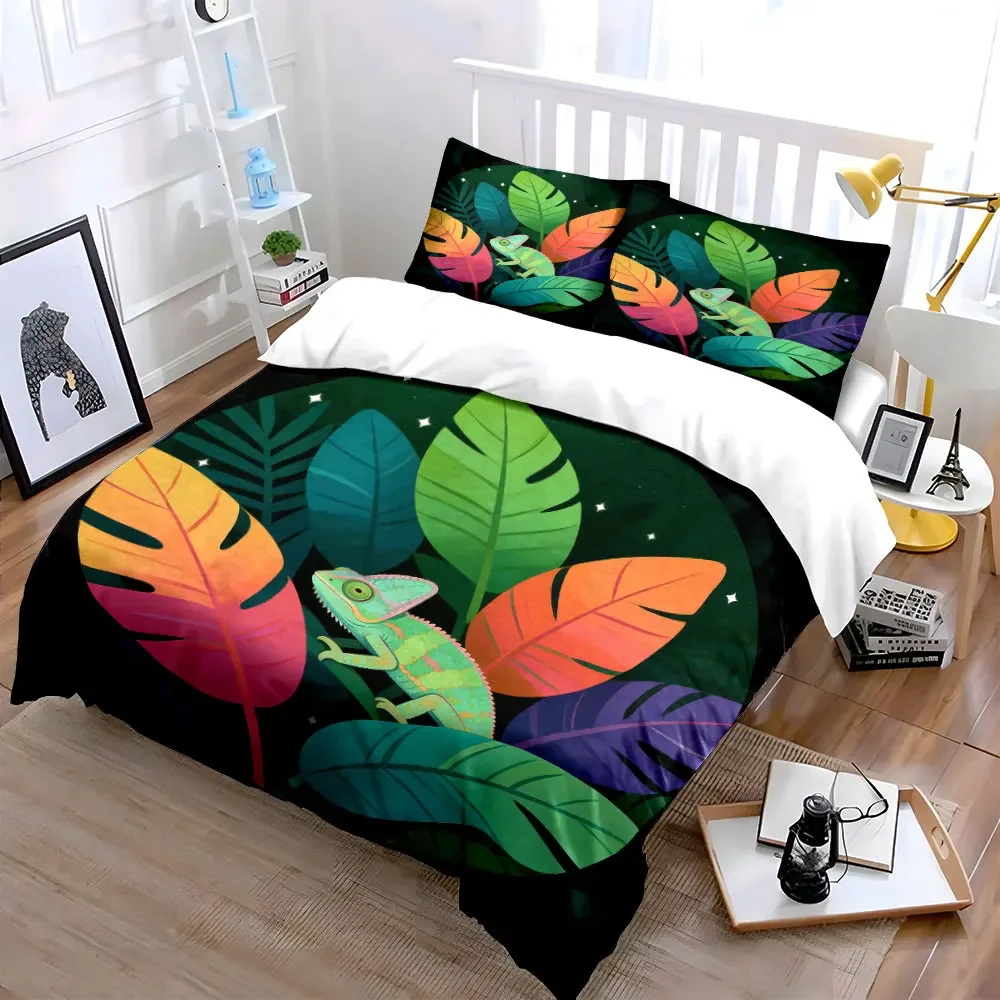 Chameleon Jungle Themed Art Set Soft Comfortable Duvet Cover Bedding Set Included 1*Duvet Cover & 2*Pillowcases, gift