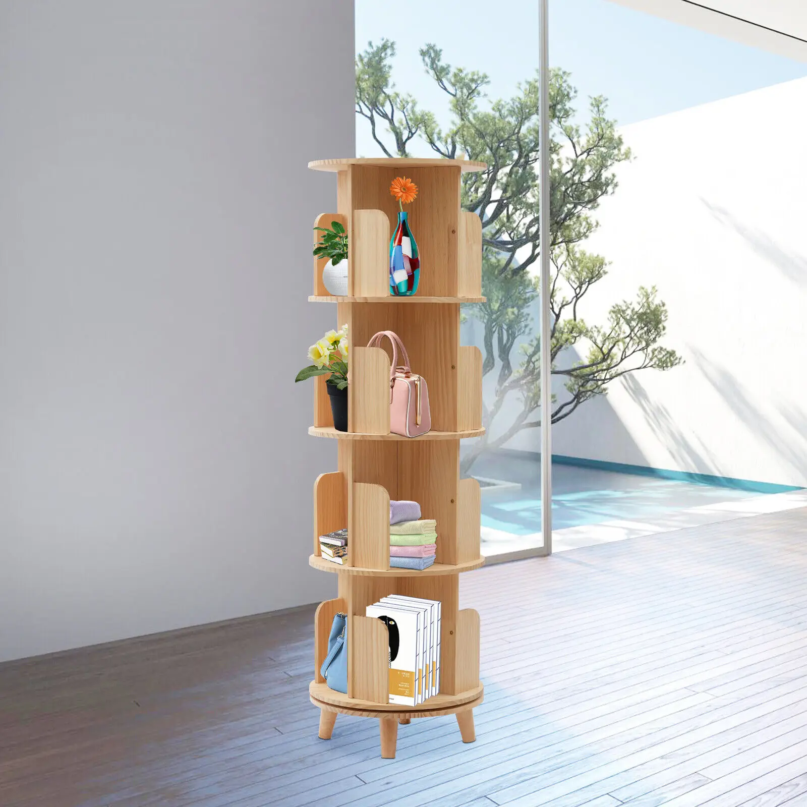 

4-Tier 360° Degree Rotating Swivel Bookshelf Display Shelf Pine Wood Bookshelf