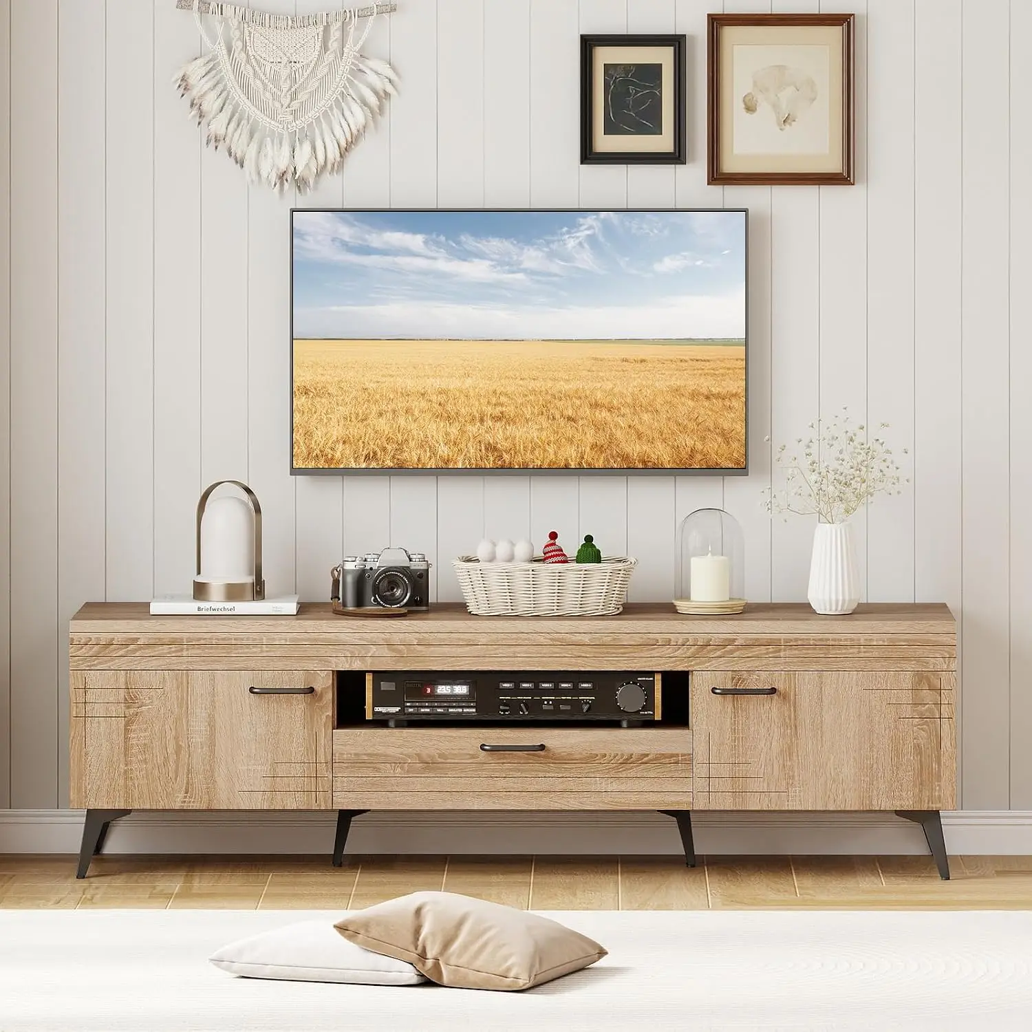Mid Century Modern TV Stand Carved Pattern 2 Cabinet 1 Drawer 6 Metal Leg Media Console Living Room Bedroom, Customized