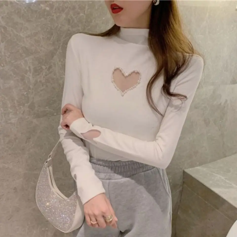 KUSAHIKI Fashion Beads Love Heart Hollow-out Logn Sleeve Slim Bottoming Autumn Shirts for Women Turtleneck Graphic T Shirts