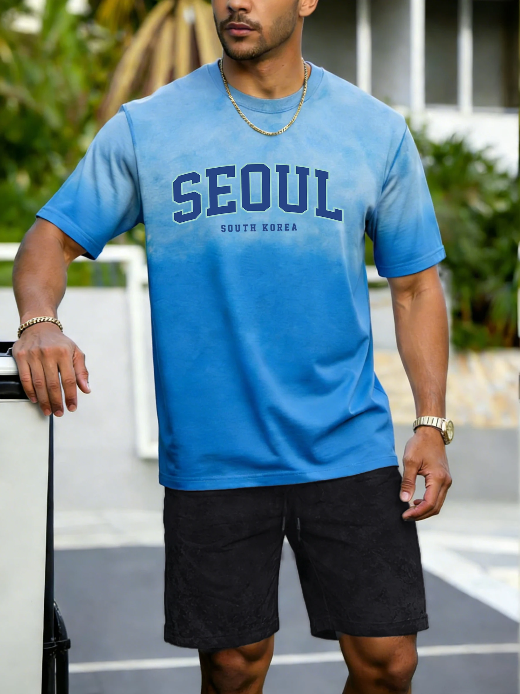 

Мужской ретро-костюм с принтом из Сеула, Южная Корея: модный хлопковый топ с круглым вырезом, повседневная одежда в стиле тай-дай, унисекс, спортивные шорты с эффектом потертости