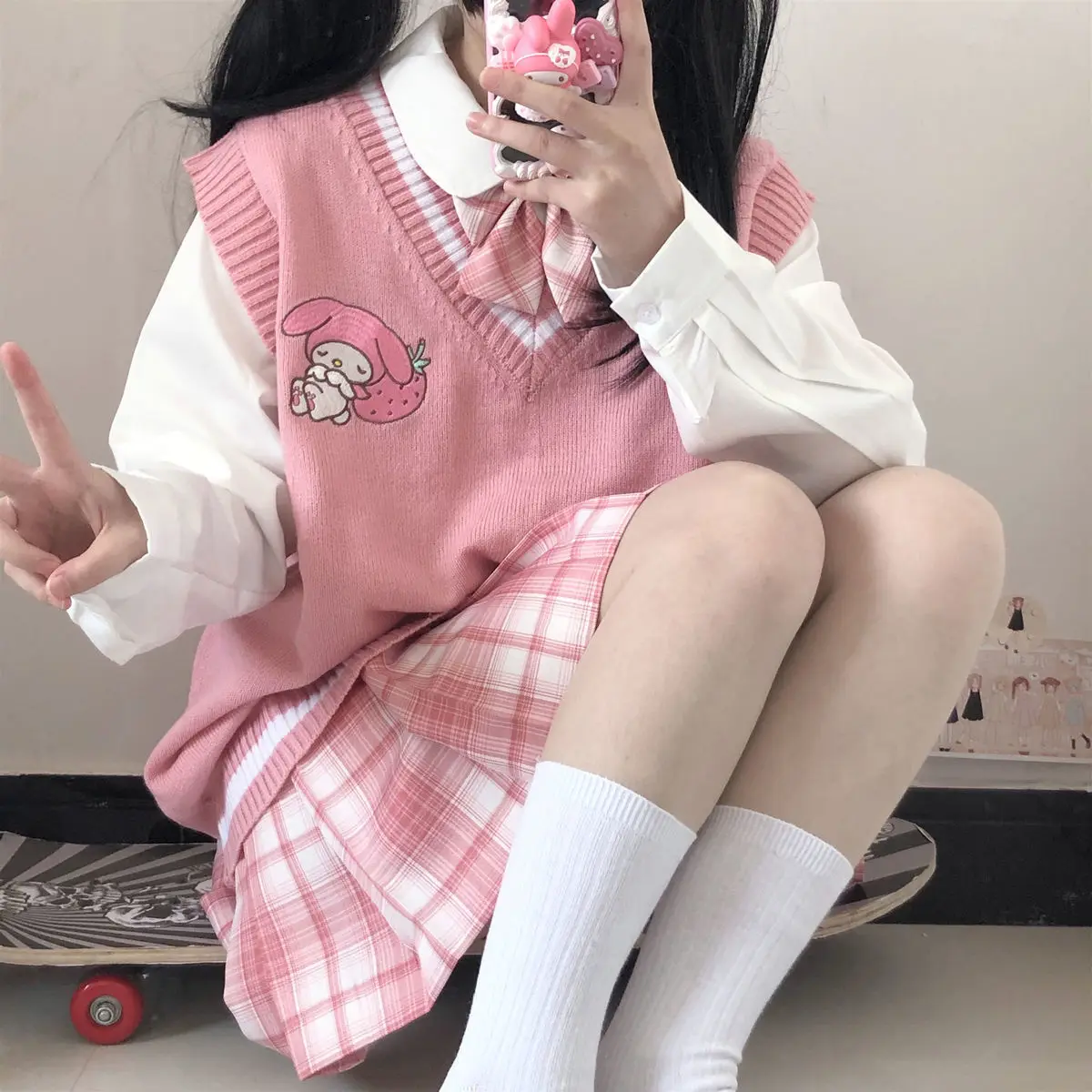 Kawaii Kuromi My Melody Cinnamoroll Sanrioes Wool Sweater V-Neck Waistcoat Vest College Lolita Girl Clothing Anime Peripherals