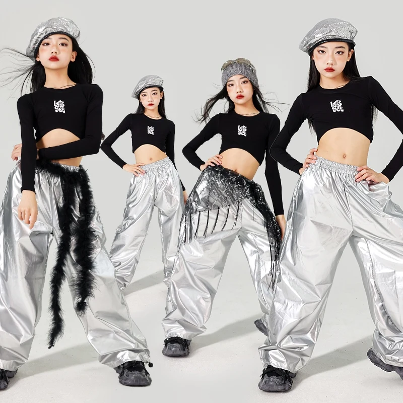 

Kpop Costume Children Jazz Dance Clothing Gril Fashion Clothes Crop Tops Black Shuffle Pants Silver Street Dance Stage Wear 1691