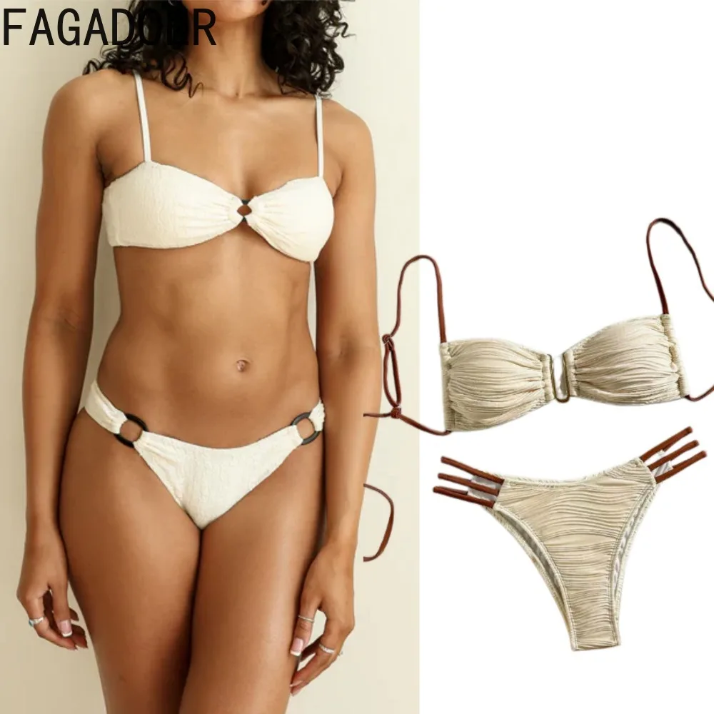 

FAGADOER Boho Beige Ruched Bikini Set Women's Bandeau Top Contrast Straps High Cut Two Piece Swimsuit for Summer New Vacation