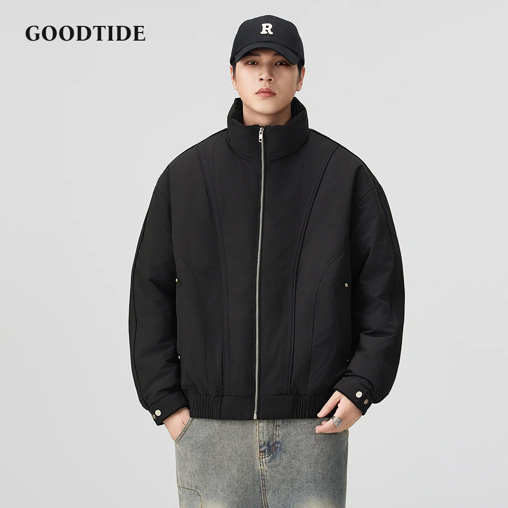 سترة منفوخة غير رسمية للرجال لشتاء 2025 بياقة ثابتة وحاشية مضلعة وتصميم فضفاض مناسب للرجال سترة دافئة للأسفل