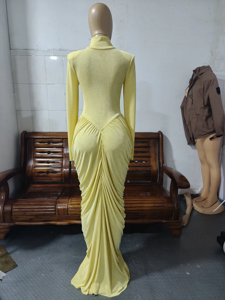Women's High Neck Solid Full Sleeve Hollow Out Ruched Maxi Dress New Arrivals 2026 Streetwear Sexy Party Birthday Long Dresses - Image 6