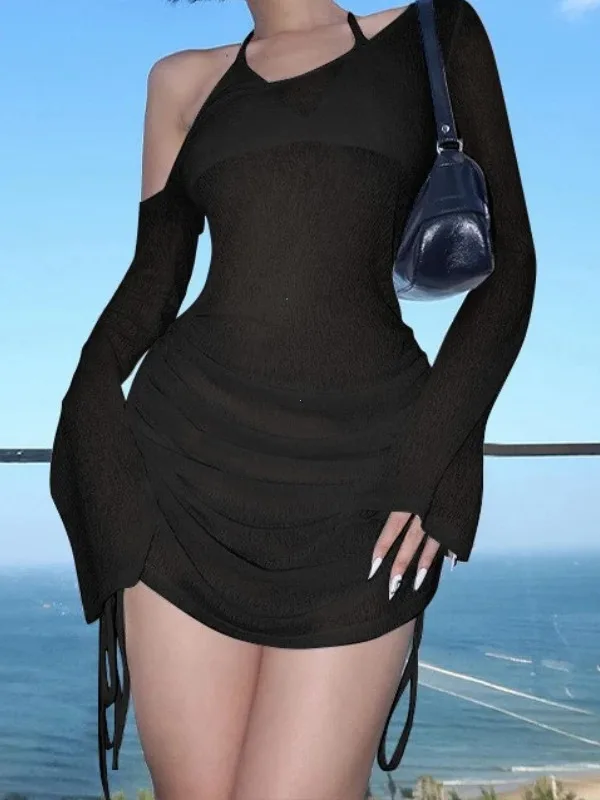 Solid Skew Collar Ruched Straps Lace-Up See Through Draw String Mini Dress 2025 Summer Women Party Clubwear Wholesale 66JT