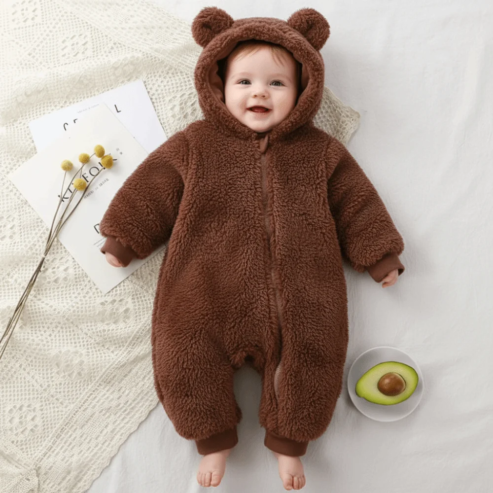

Kawaii толстые теплые детские комбинезоны в форме медведя, коралловый флис, комбинезоны для младенцев, мягкие бархатные пижамы с капюшоном на молнии для новорожденных, От 3 до 9 месяцев