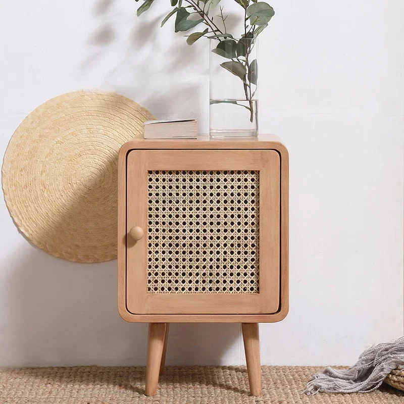 Home Furniture Minimalist Modern Bedside Table Natural Rattan Woven Night Desk Retro Bedroom Storage Cabinet Practical Stand