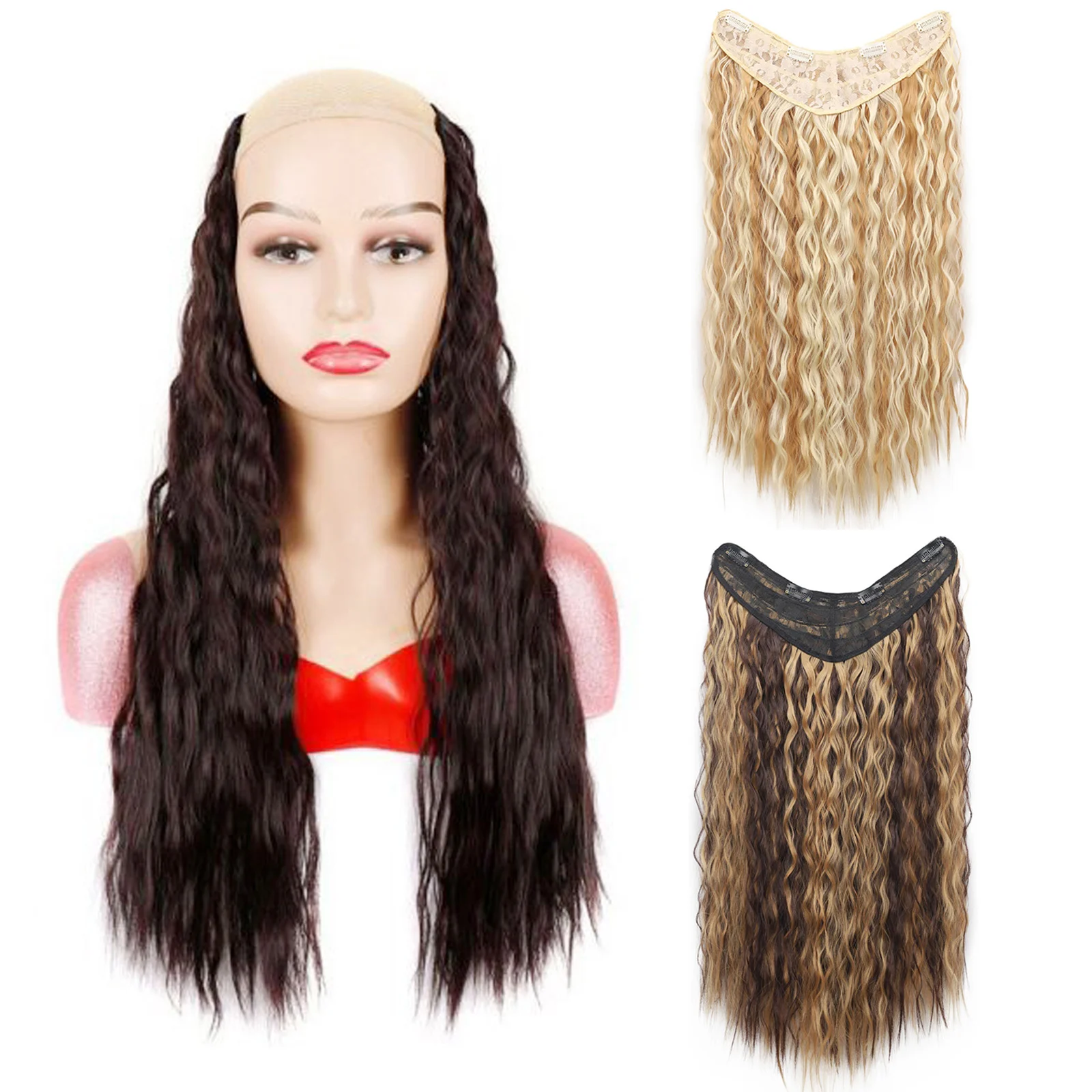 Clip in Hair Extension One Piece 4Clips Long Curly Wavy Black Brown Synthetic Hairpiece for Daily/Party