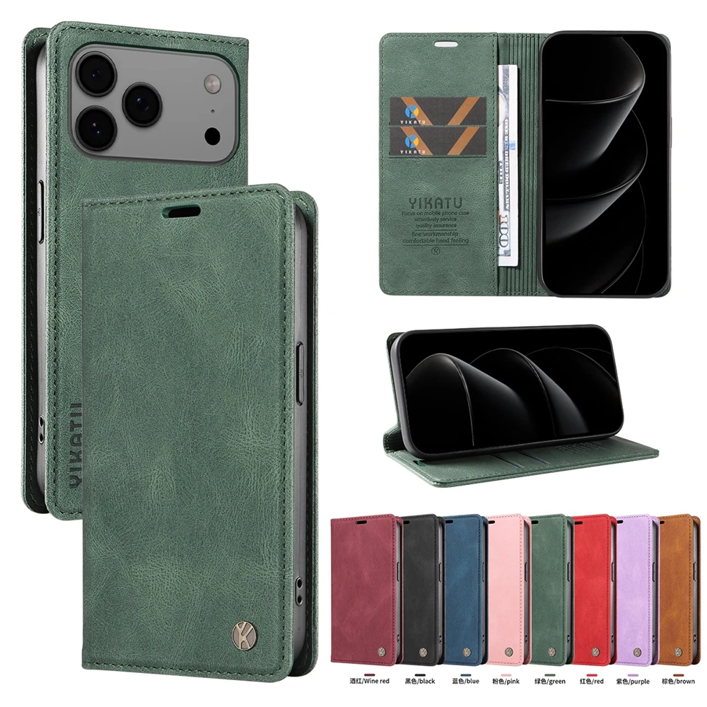 

Premium Magnetic Leather Wallet Flip Cover For Apple Iphone 17 16 16E 15 14 13 12 11 XS XR Air Plus Pro Max ProMax Mini Case