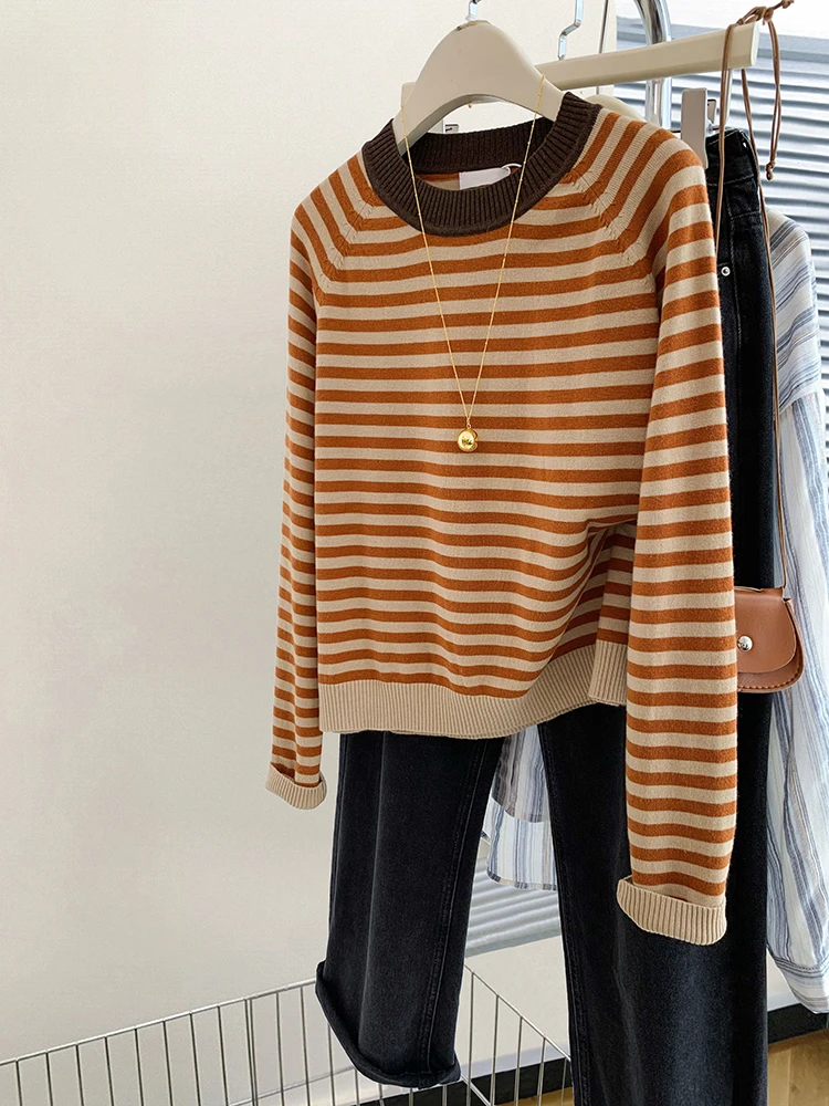 Casual Women\'s Stripe Knit Sweater Autumn New O-Neck Loose Retro Elegant Korean Basic Pullover Trend Office Lady Top