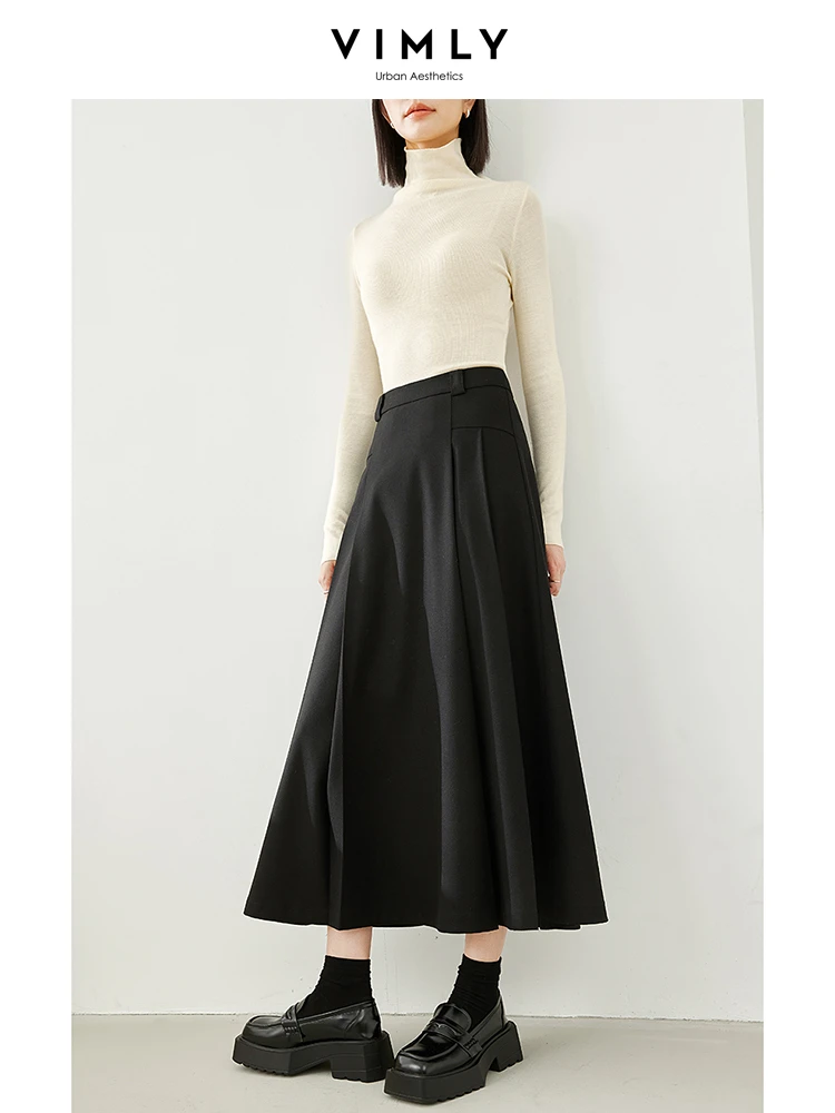 Vimly Black A-line Pleated Skirts for Woman 2023 Winter Thick Elegant Office Ladies Umbrella Maxi Skirt Female Clothing M5599