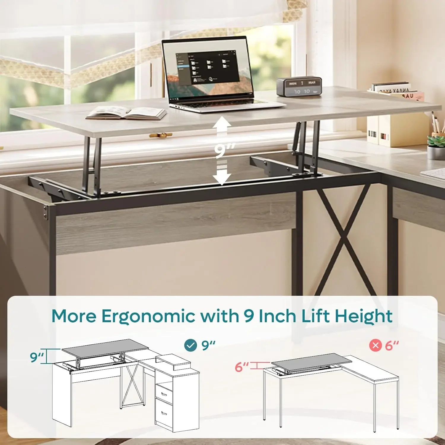 L Shaped Standing Desk with Computer Monitor Stand, Reversible Storage Drawers, Office Desk, 55 