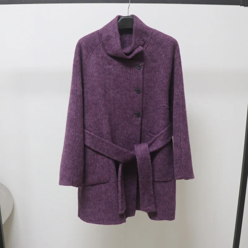 Autumn Winter Stand Collar Solid Double Sided Wool Overcoat Double Sided Fabric Coat Woman Single Breasted Lace Up Woolen Jacket