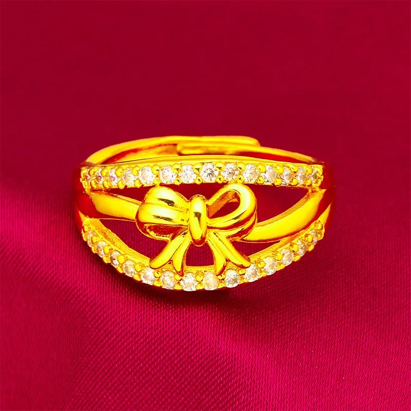 9999 24K genuine gold store same style gold women's ring, open ring bow diamond jewelry