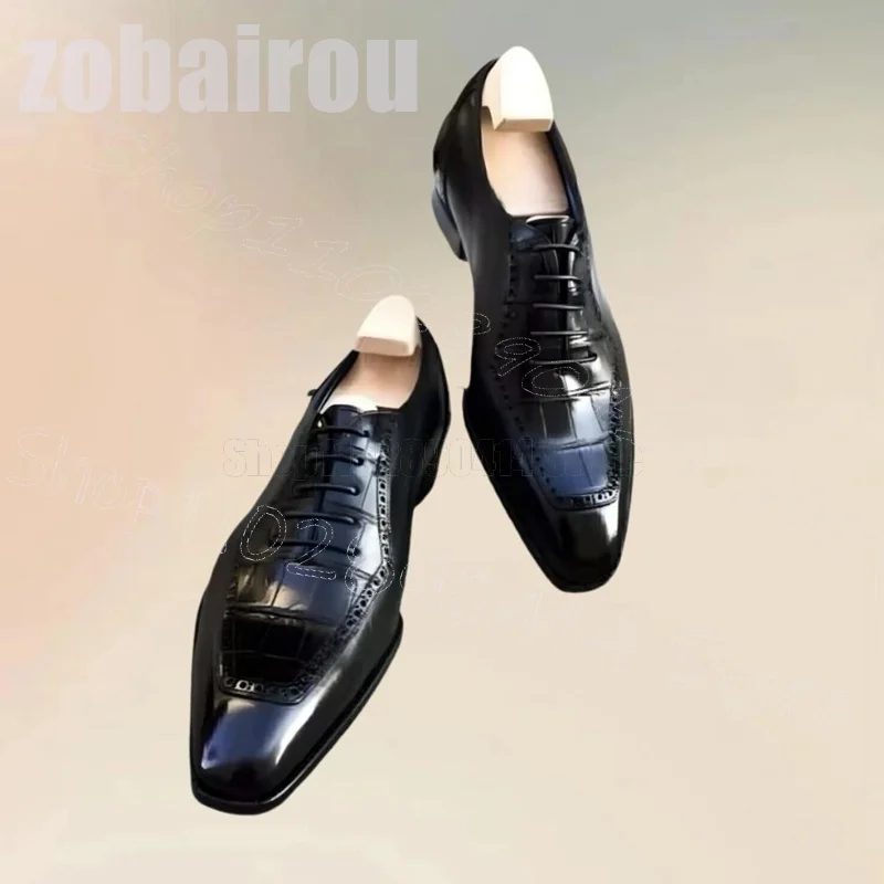 Mocasines con tiras con diseño tallado y estampado de cocodrilo negro, zapatos de hombre sin cordones a la moda, lujosos zapatos de vestir hechos a mano para fiesta y oficina para hombre