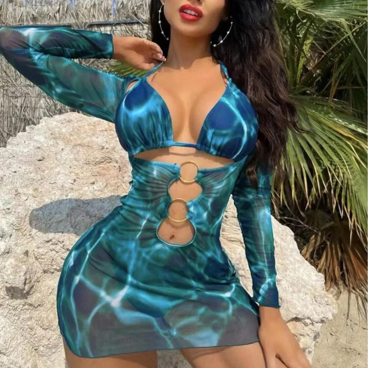 طقم بيكيني مثير متعدد الألوان مكون من ثلاث قطع بأكمام طويلة لتغطية الحماية من الشمس ملابس سباحة مثلثة منفصلة من البر الرئيسى للصين #1