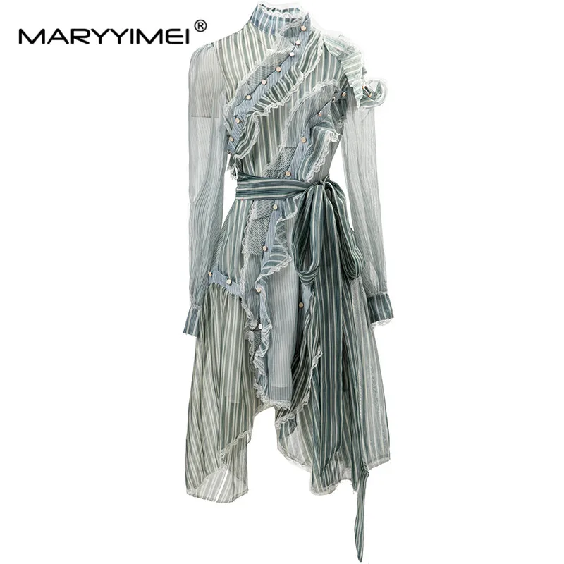 MARYYIMEI Fashion Designer Spring Women's dress Stand collar Long sleeved Button Ruffles Lace up stripe Asymmetrical Dresses