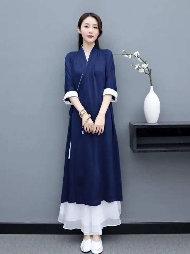 

Ele китайский комплект халатов для йоги Hanfu, мономатический комплект с лацканами и поясом, длинная пижама для чайной церемонии в стиле дзен, хлопковая свободная посадка V-Ne Sve