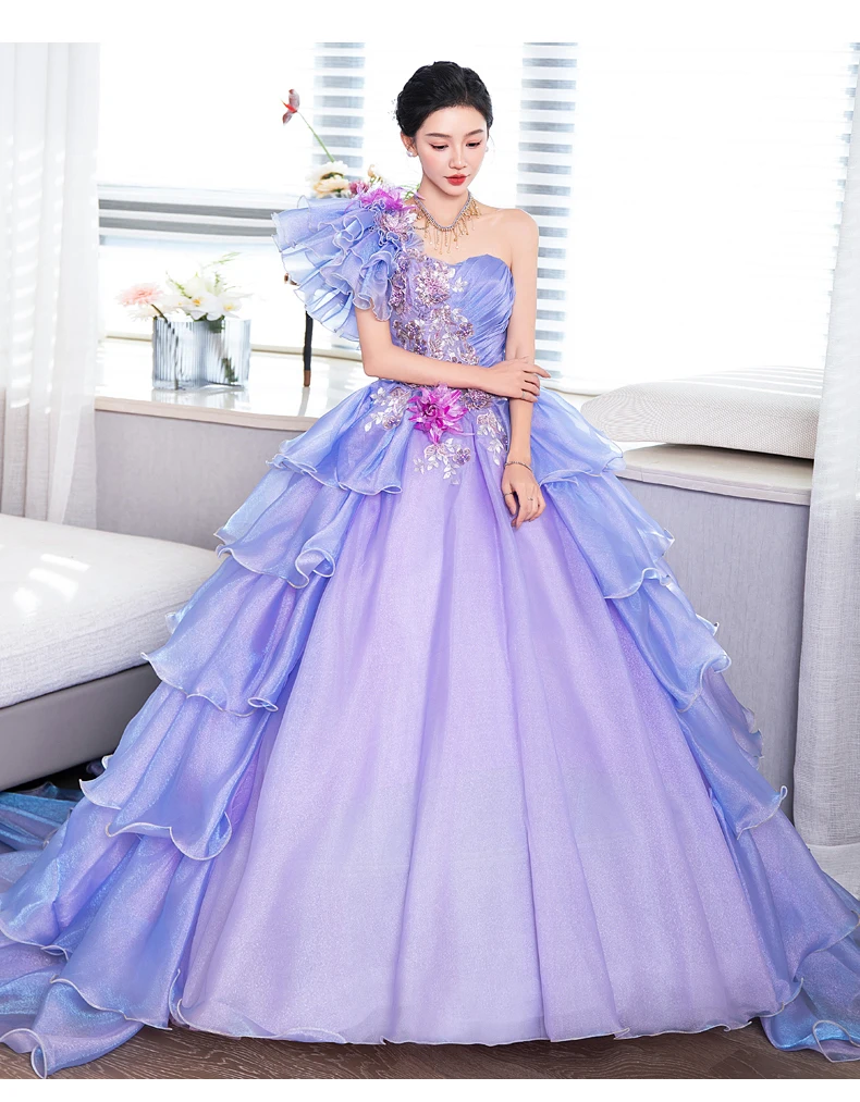 lavender ruffled single shoulder carnival/cosplay/princess ball gown vintage/stuido/stage dress/can customize size