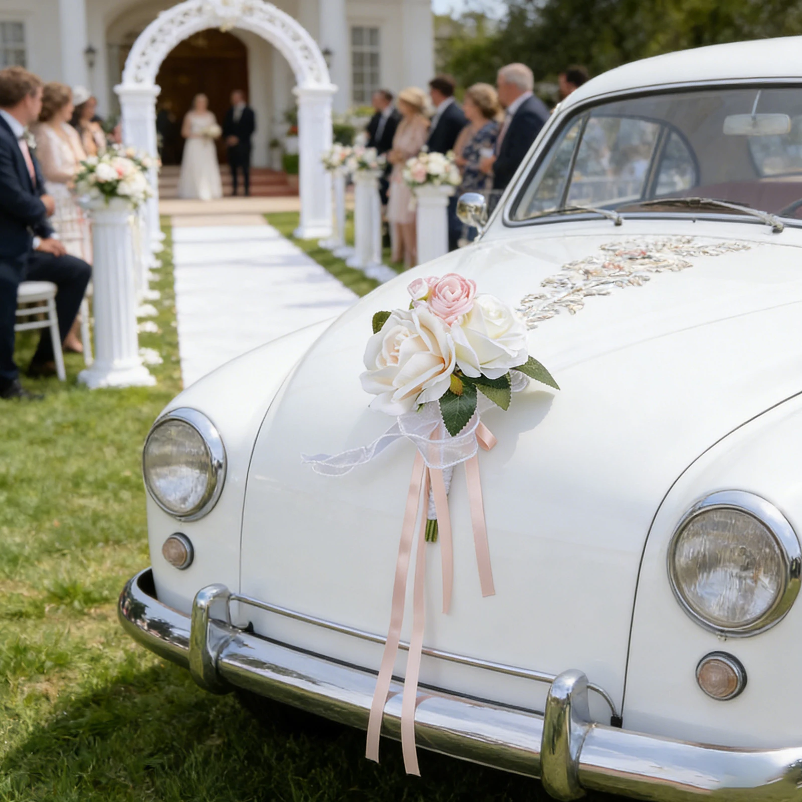 Artificial Flowers Wedding Car Decorations Realistic Faux Flowers with Ribbons for Pew Chair Ceremony Party Supplies