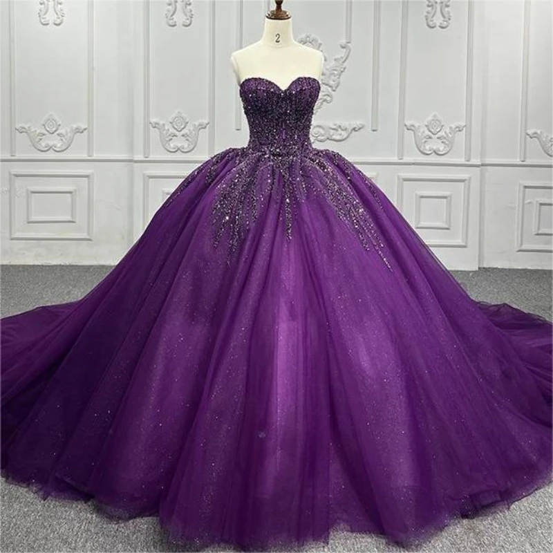 

Purple Shiny Ball Gowns Quinceanera Dresses Sweetheart Appliques Lace Beading Tull Lacing up Party Birthday Vestido De 15 Anos