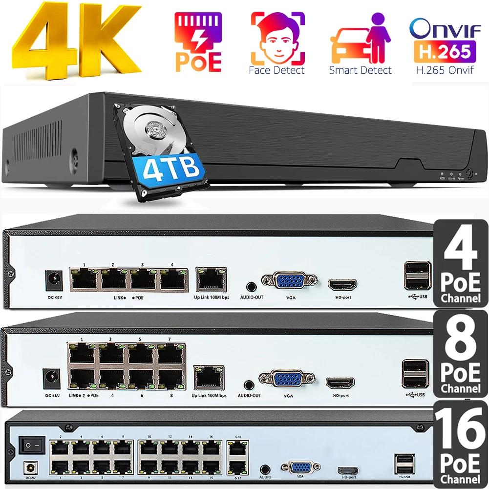 Enregistreur vidéo en réseau NVR 4K, 8mp, PoE, pour système de sécurité domestique, vidéosurveillance, 4CH, 8CH, 16CH, 24/7, enregistrement H.265,