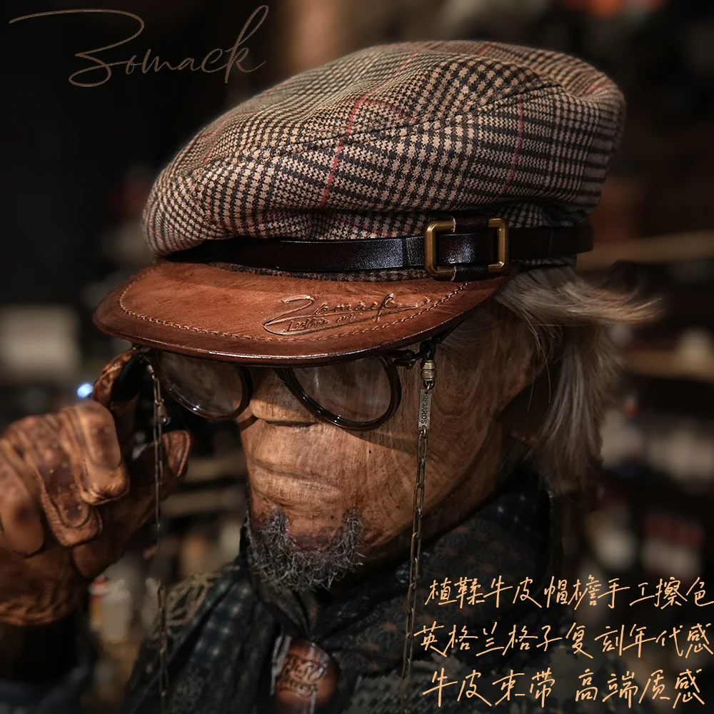 Ręcznie Robiona Czapka z Daszkiem Modna Krata Damska Kolorowy Malarz Gazeciarz Beret Damski Skórzany Ośmiokątny Brytyjski Retro Męski