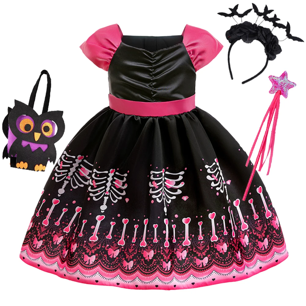 

Halloween Skeleton Witch Costume for Girl Carnival Christmas Costume Pink Party Princess Dress Bow Birthday Cosplay Kids Clothes