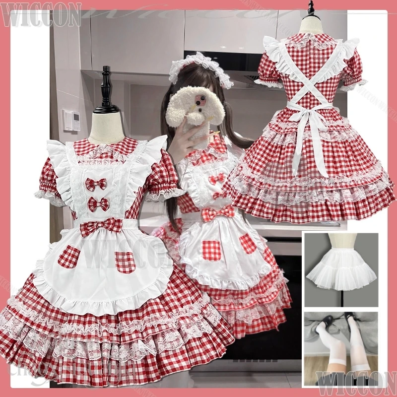 

Kawaii Girl Red Plaid Maid Outfit Princess Dress Sweet Lolita Party Clothes Girls Lovely Halloween Cosplay Navidad Game Nikke